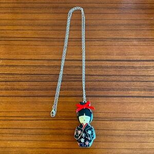 ✅Adorable Japanese Geisha enamel necklace. Floral kimono. Red hair  ribbon.